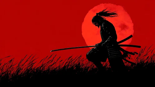 Samurai silhouette walking before large red sun at dusk.