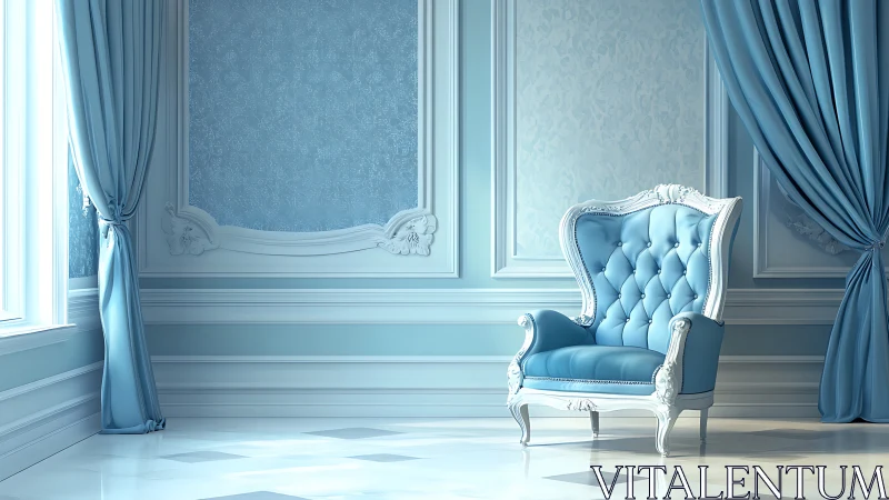 Blue rococo armchair anchors sunlit neoclassical room.