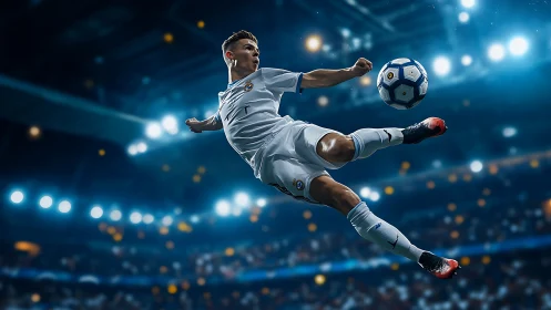 Stadium floodlights freeze a soaring striker mid-volley kick