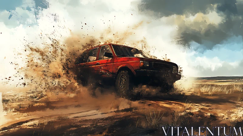 Rust red hatchback kicking up wild country-road dust.