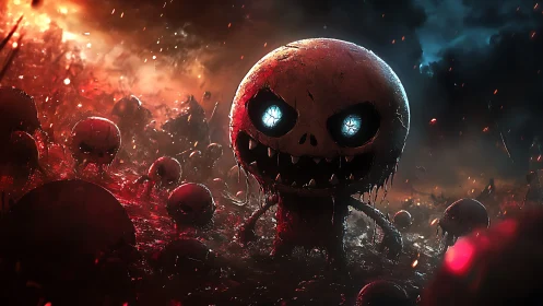 Macabre skull creature rising in fiery, stormlit swamp.