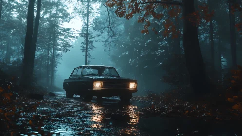 Vintage sedan illuminates wet forest track under dense blue fog