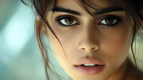 Close frontal portrait shows detailed female facial features