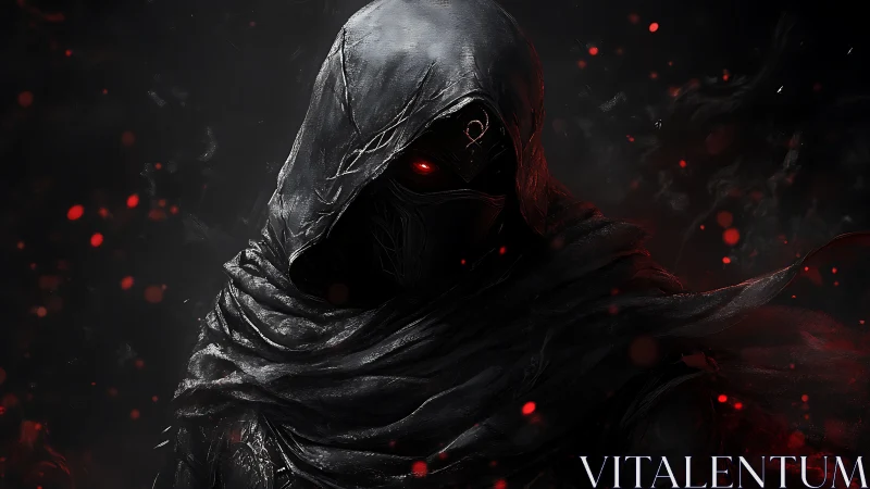 Hooded figure in dark cloak with red glowing eyes in smoke.