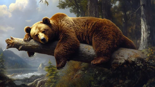 Brown bear sprawls across fallen log in high-detail forest scene