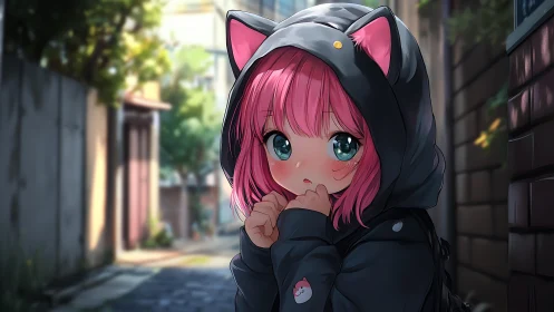 Anime street portrait of shy girl in cat-ear hoodie at dusk.