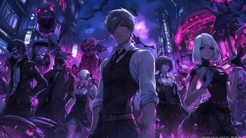 Urban street group amid demons in neon nightscape.