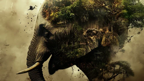 Double-exposure savanna elephant with embedded forest biome