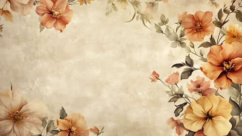 Vintage Botanical Floral Composition with Warm Terracotta and Peach Tones