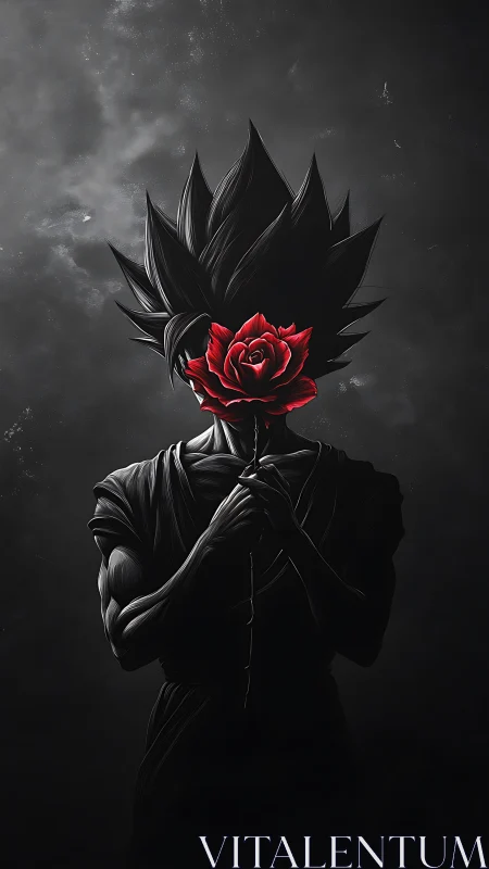 Monochrome warrior silhouette with single red rose mask