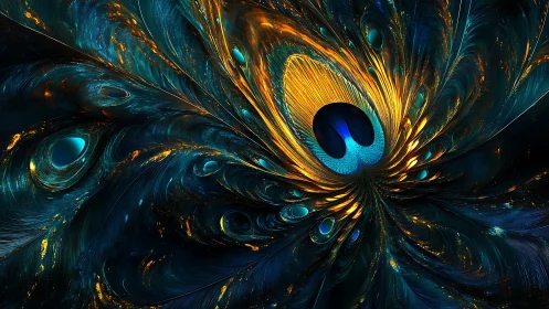 Fractal peacock eye radiates luminous teal and gold energy.