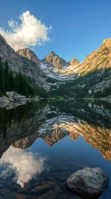 Mountain lake reflection under clear alpine evening sky.