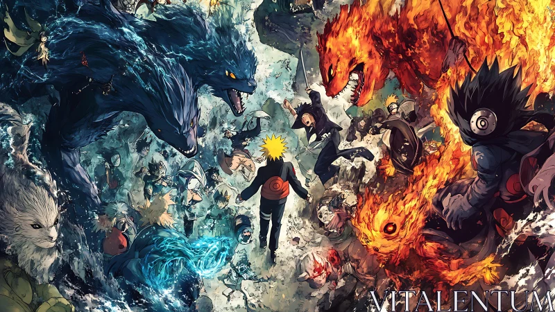 Elemental yokai convergence around central shinobi combatant.