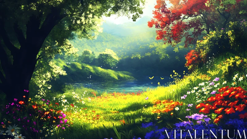 Vibrant meadow and forest by a river in digital painting style.