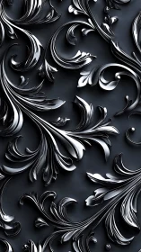 Chrome baroque floral scrollwork over matte charcoal ground.