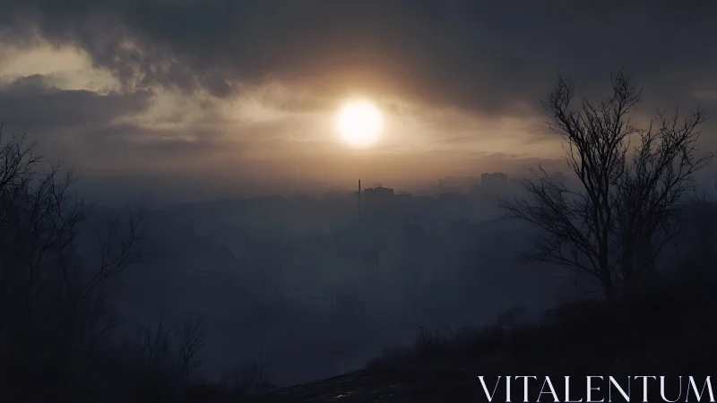 Desolate urban sunrise over misty industrial horizon.