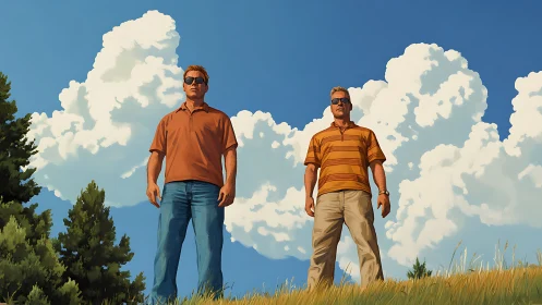 Twin sun-walkers stand tall beneath thunderhead daydreams.