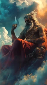 Mythic skyscribe seated amid stratocumulus turbulence.