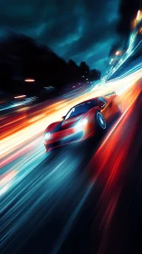 Red sports car racing through neon city highway at night.