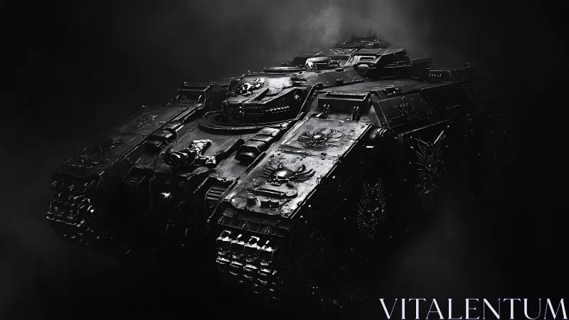 Photorealistic armored siege tank in volumetric shadow play.