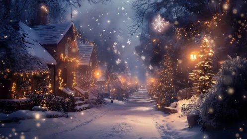 Snowy village street lined with glowing Christmas lights.