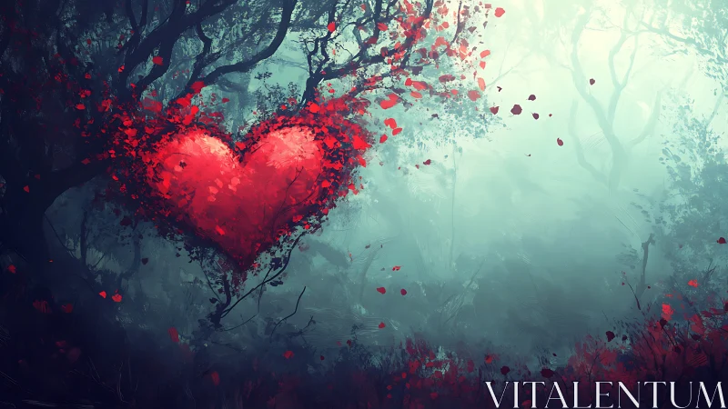 Luminous Heart Floating Through Misty Forest Landscape