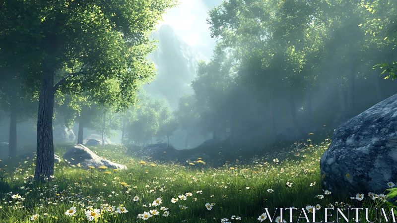 Misty Forest Valley with Sunlit Canopy and Wildflower Meadow