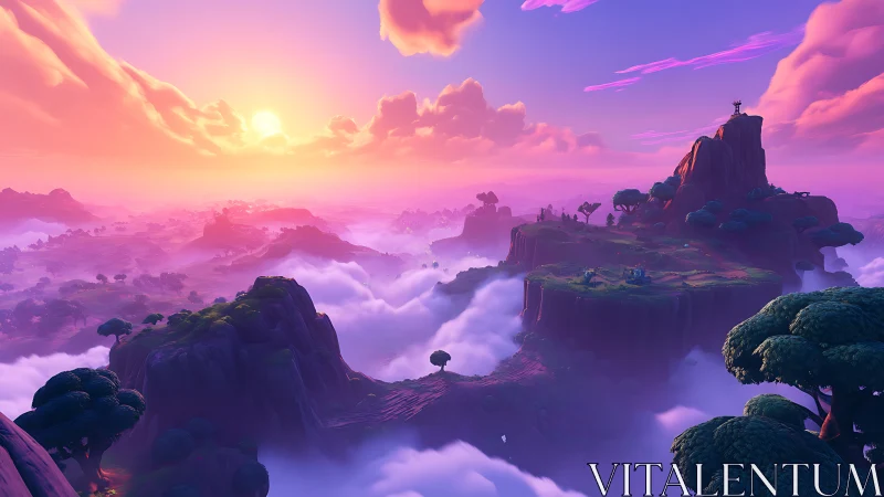 Floating Islands Sunrise Landscape with Purple Skies.