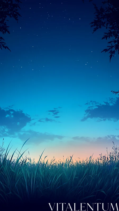 Twilight meadow horizon in minimalist anime landscape composition.