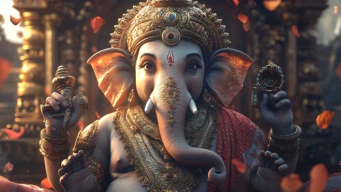 Ornate Ganesha idol in luminous 3D devotional portrait.