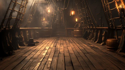 Wooden ship deck interior lit by hanging lanterns at night