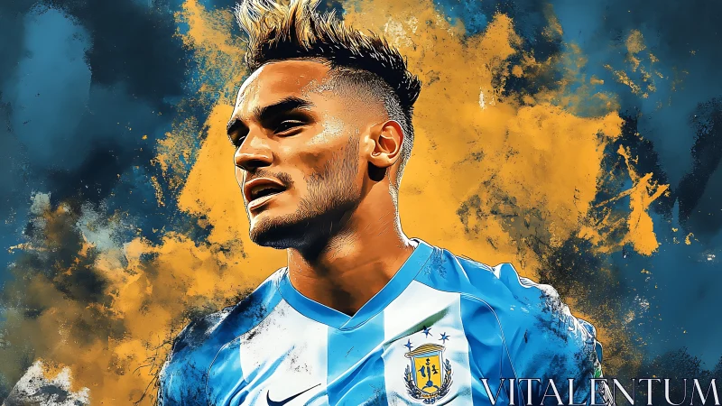 Football portrait radiates bold blue and gold energy.