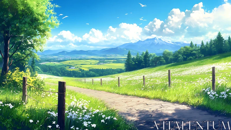 Pastoral country lane under vivid alpine summer sky.