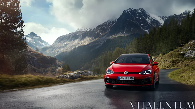 Red Volkswagen hatchback driving on wet alpine mountain road.