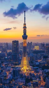 Illuminated broadcast tower dominating dusk urban topology.