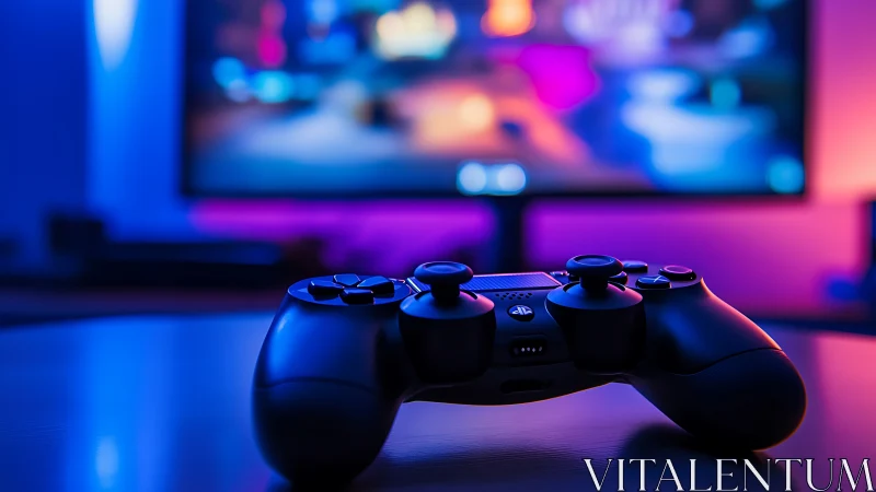 Gaming controller closeup under neon ambient lighting.