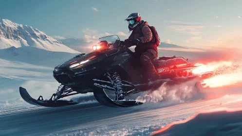 Snow rider rockets across glowing pink winter trail.