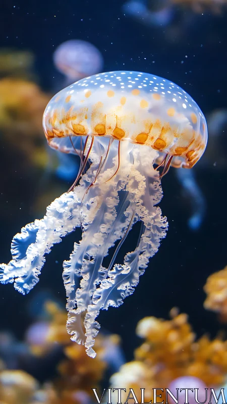 Spotted jellyfish drifts through glowing blue ocean void.