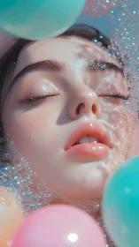 Dreamlike closeup portrait with pastel bubbles and water.