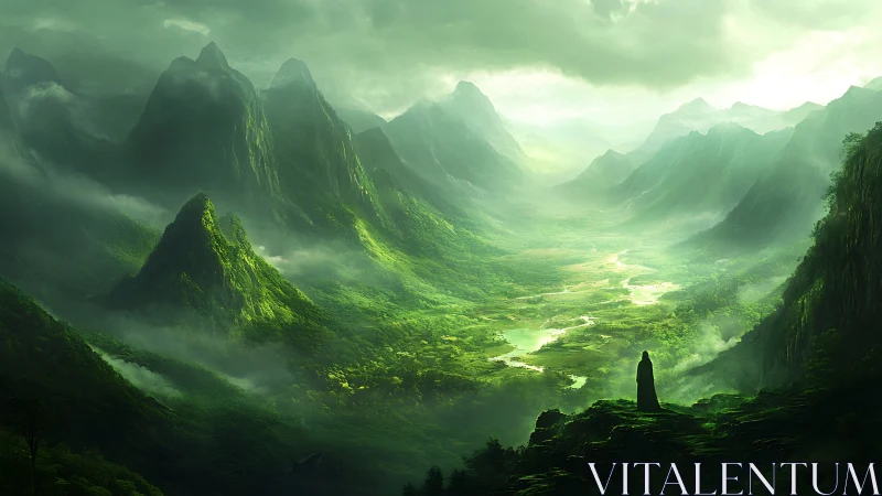 Solitary cloaked figure overlooking vast misty green valley
