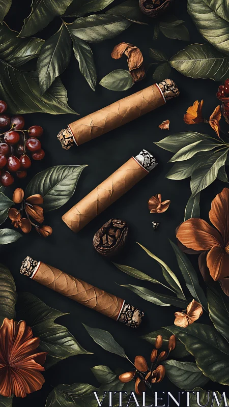 Cigars arranged among tropical leaves and flowers.