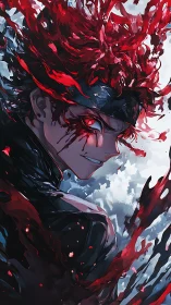 Red-eyed figure with fluid crimson hair in profile view.