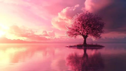 Serene pink blossom tree resting on a dreamy sunset lake.