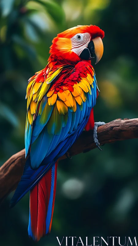 Scarlet macaw portrait on branch with vibrant plumage detail