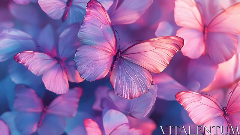 Iridescent butterflies glow in soft violet bokeh swarm.