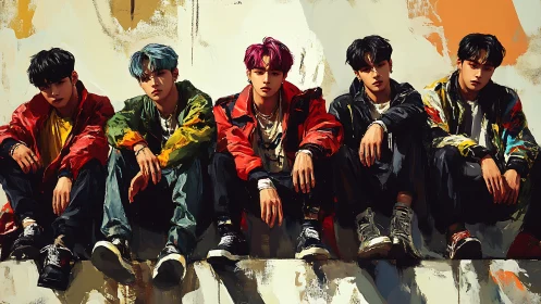Urban digital painting of five seated young men in jackets.