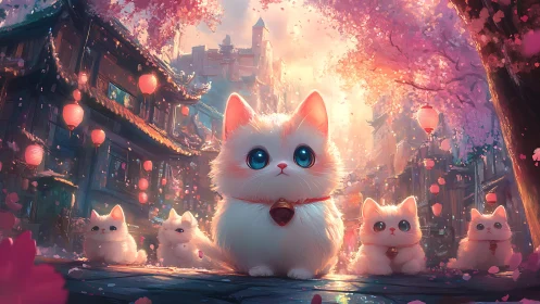 Luminescent Feline Sentinel Guards Cherry Blossom Portal.