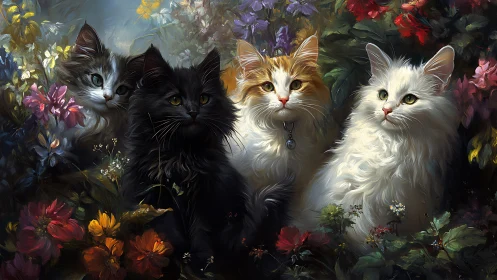 Four Feline Friends Among Blooming Garden Flowers.