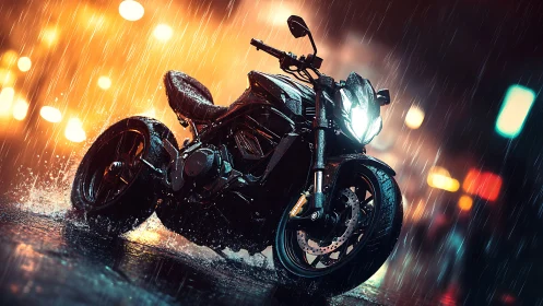 Cinematic street motorcycle render in neon rain atmosphere.