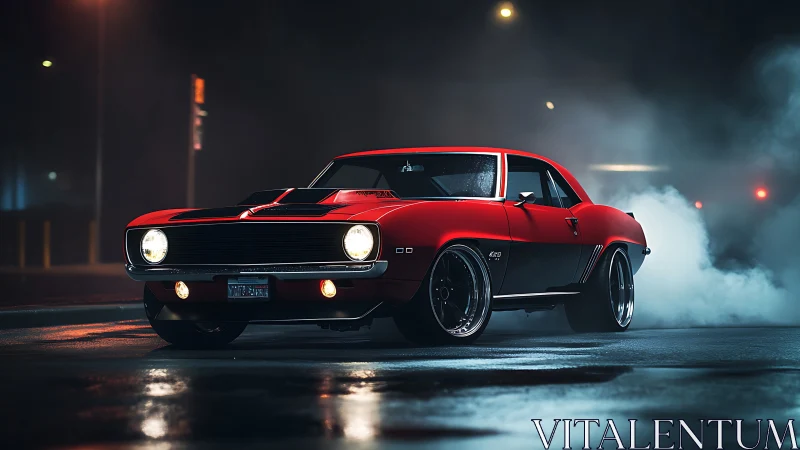 Bold red muscle car glowing under moody night lights.